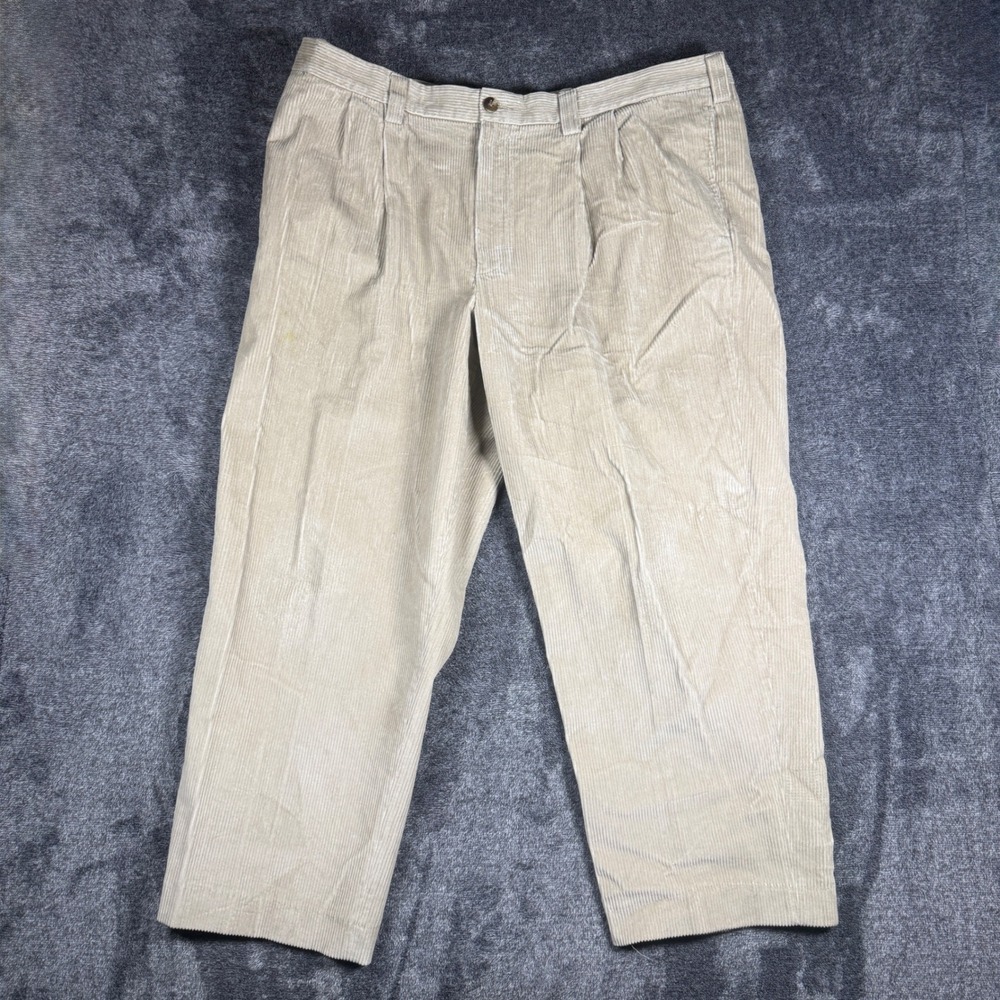 LL Bean Classic Fit Corduroy Pants Mens 42 Tan Beige Pleated Cotton ID285258